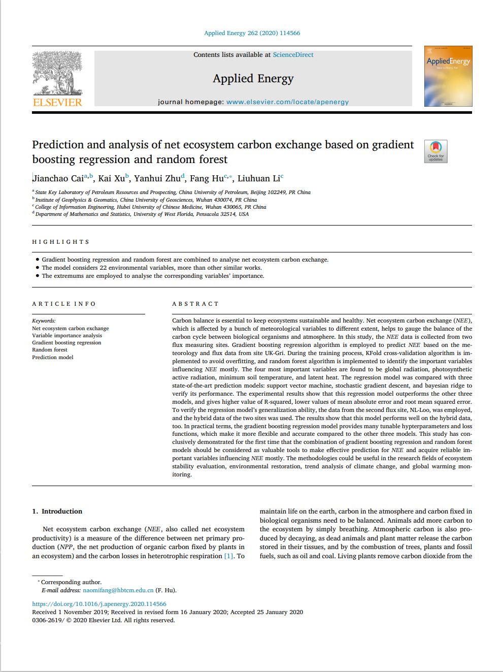 Prediction and analysis of net ecosystem carbon exchange based on gradient boosting regression and random forest(SCI)